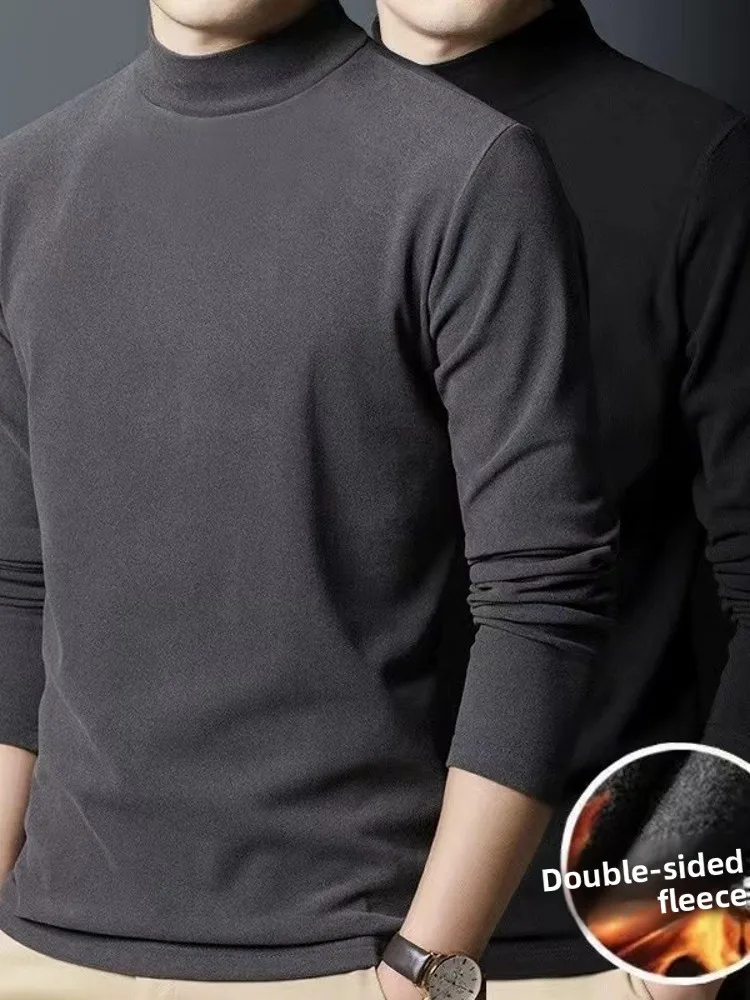 قميص رجالي بياقة متوسطة وأكمام طويلة مبطن بالصوف، طبقة أساسية مريحة ودافئة، ملابس داخلية ضيقة، تصميم جديد لفصلي الخريف والشتا...
