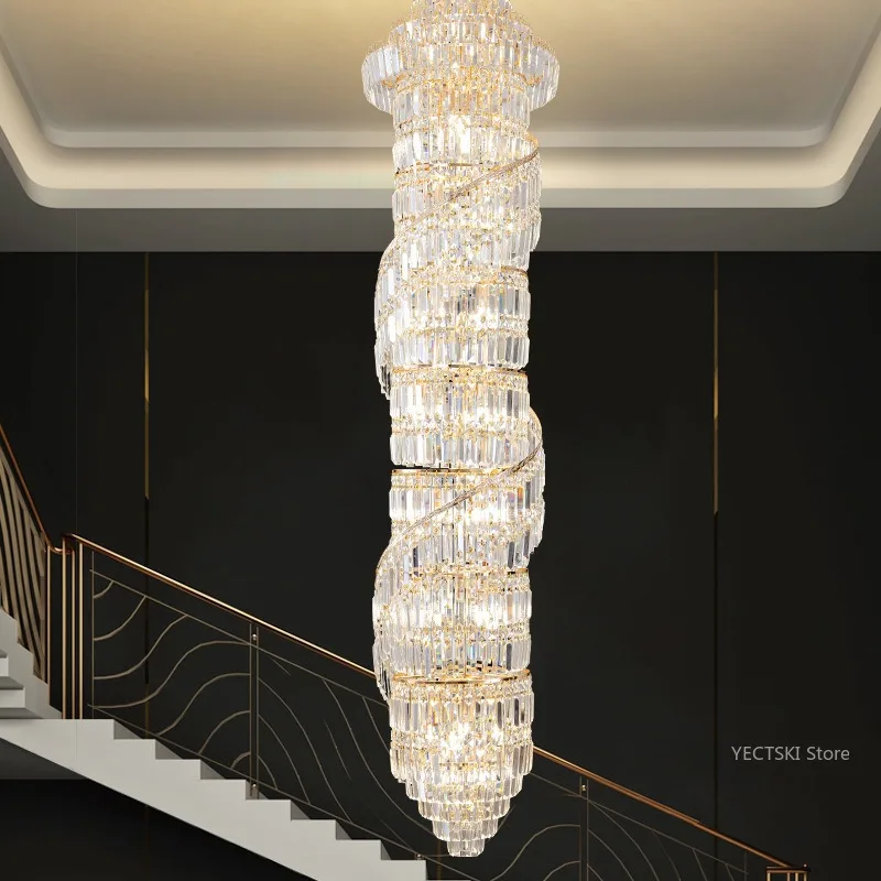 

Duplex building spiral staircase crystal chandelier modern living room villa hotel luxurious and atmospheric large chandelier