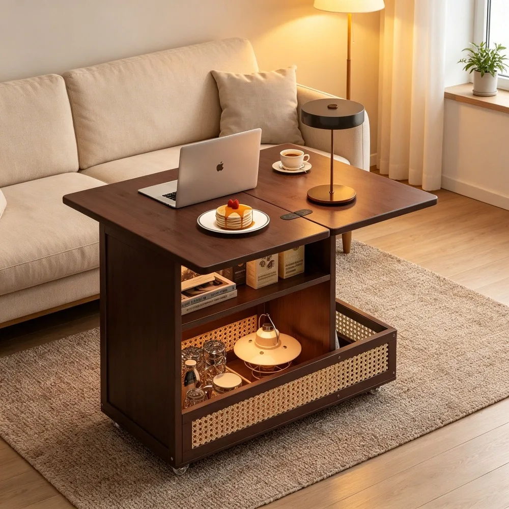 Mobile coffee table sofa side table locker living room household small apartment non-solid wood medieval cart folding table