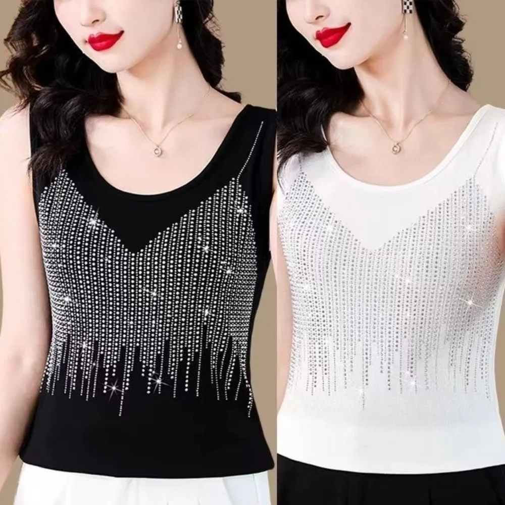 New Spring Women's Heavy Rhinestone Camisole Tank Top, Stretchy Plus Size Basic Cami Top, Sleeveless Inner Wear for Blazer Suit