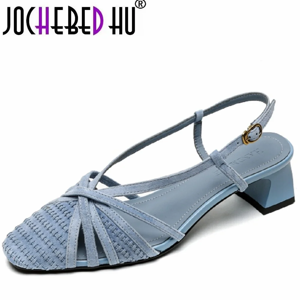 

【JOCHEBED HU】Women's Handmade suede leather narrow band t-strap sandals med heel elegant ladies summer shoes 34-40