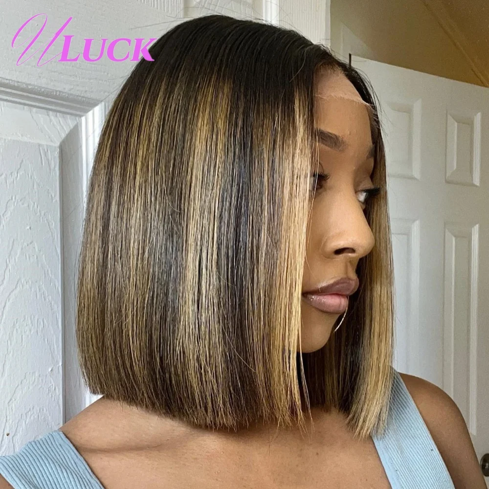 

Uluck P4/27 Highlight Colored Double Drawn Short Straight Bob Wig Brazilian Remy Human Hair Wigs 13x4 Lace Frontal Wig For Women