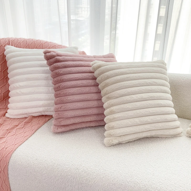 BUYNOW 1PC Faux Rabbit Fur Plush Pillow Cover 30x50cm Soft Flufy Striped Cushion Cover 45x45cm Home DecorPillow Cover For Sofa