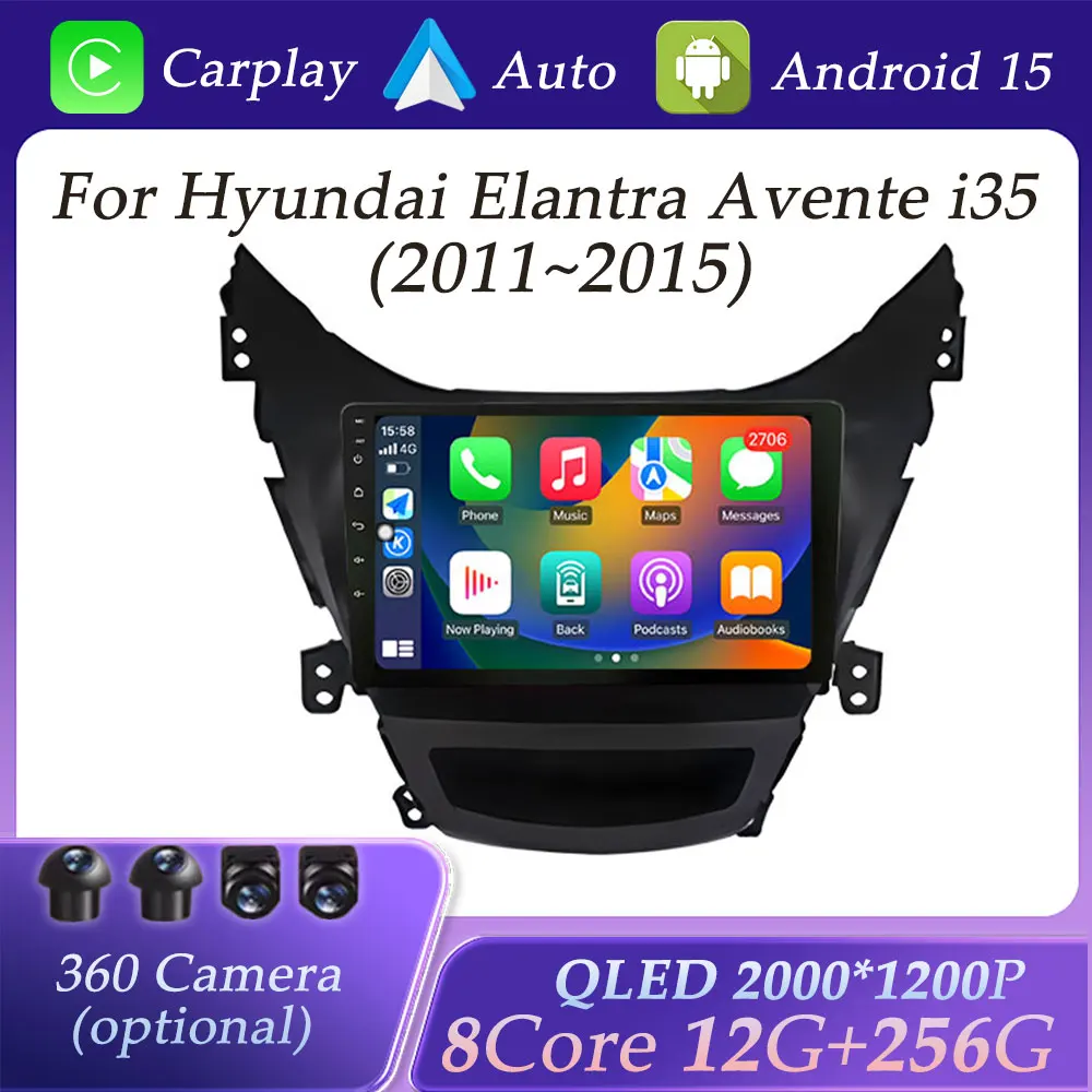

For Hyundai Elantra Avente i35 2011-2015 Wireless CarPlay Car Radio Video Multimedia Player GPS Navi BT DSP Stereo QLED Screen