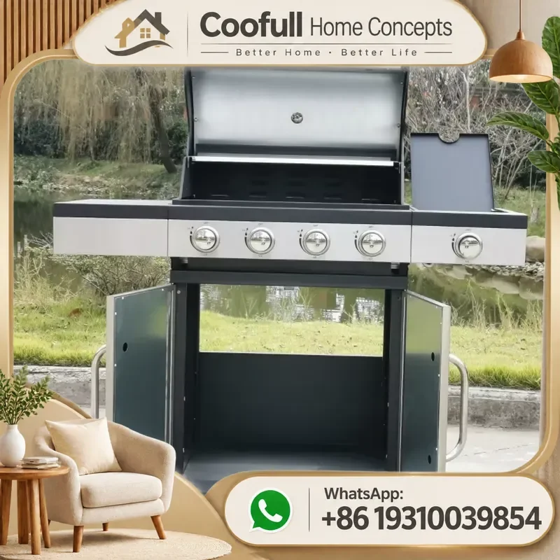 For Commercial Propane Gas BBQ Grill 5 Burners Iron Metal Outdoor Kitchen Trolley Barbecue Electronic Ignition Baking