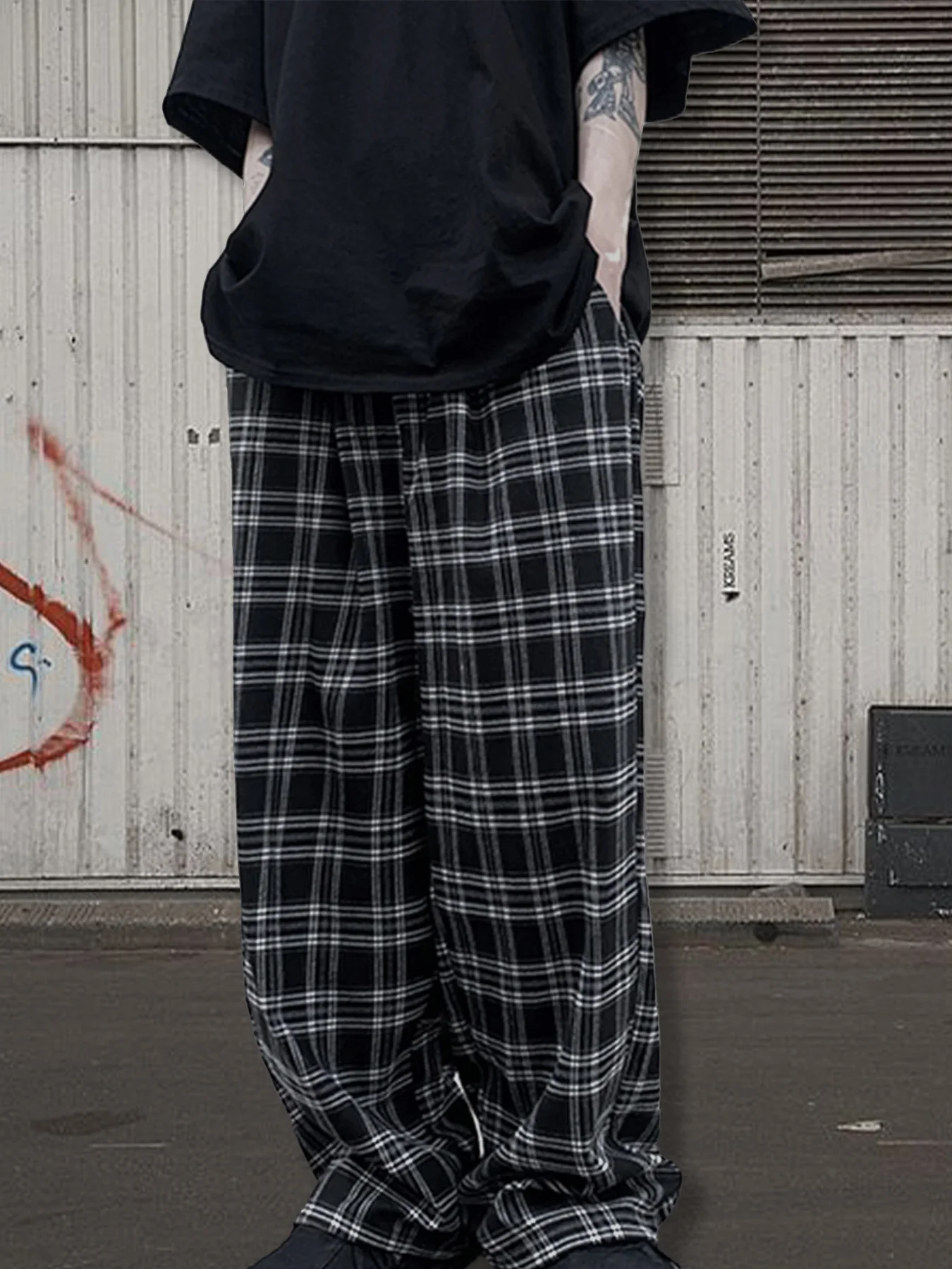 Men's Classic Plaid Drawstring Straight Pants Spring Summer Loose Casual Drape Trousers