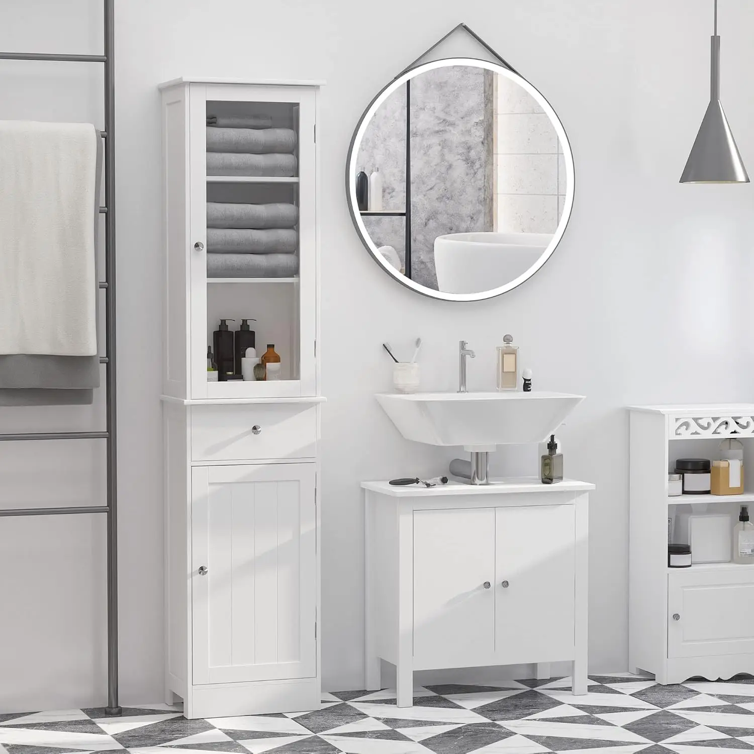 Slim Bathroom Storage Cabinet, Tall Bathroom Cabinet, Narrow Linen Tower with Acrylic Door, Drawer and Shelves, White