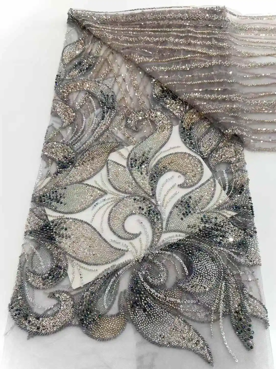 

African Lace Fabric 2025 French 3D Flower Peach Sequins Embroidery Beads Tulle Lace Fabric For Party Dress 5 Yards