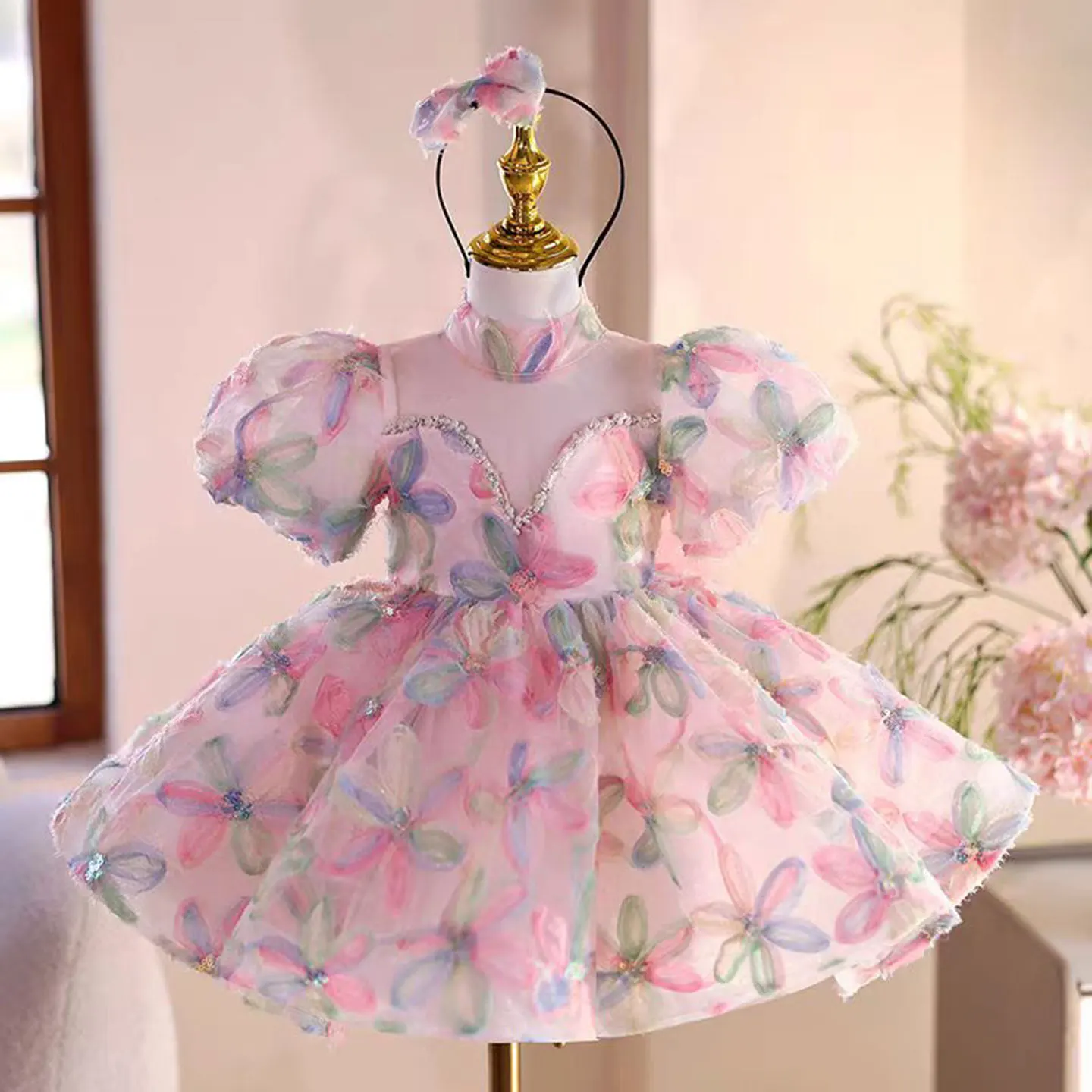 Jill Wish J471 Elegant Floral Pink Girl Dress with Bow Lace Princess Toddler Kids Wedding 1st Birthday Pageant Party Ball Gown