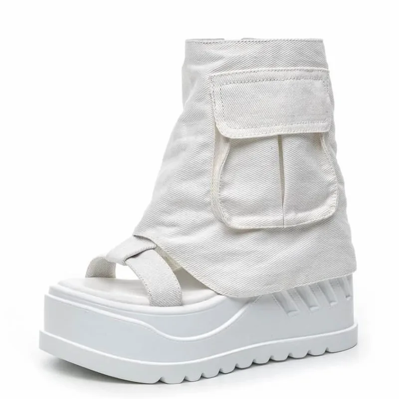 

10CM Fashion Canvas Spring Summer Platform Wedge Flats Sandal Women Autumn British Motorcycle Fashion ZIP Ankle Boots Shoes