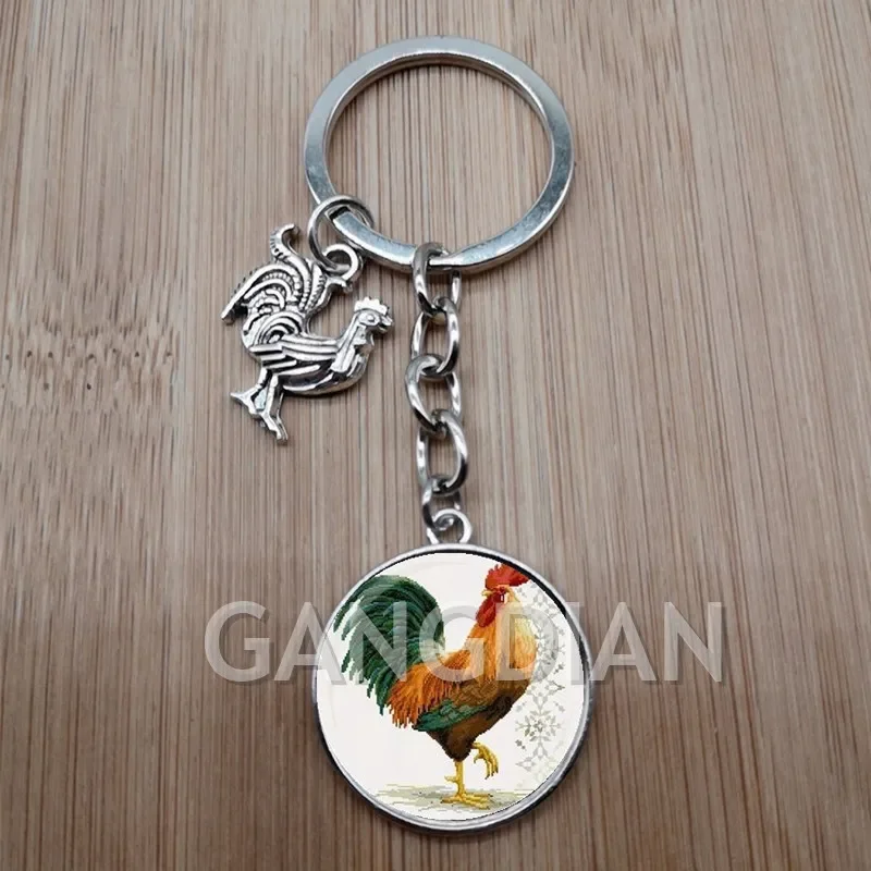 Oil painting chicken cabochon glass pendant animal keychain chicken car DIY keychain jewelry