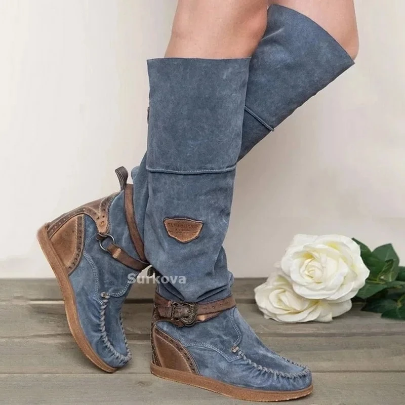 

Cowboy Winter New Long Boots Women Over The Knee Boots Flat 2022 Winter Women Shoes Buckle Fringe Warm High Boots Dropshiping