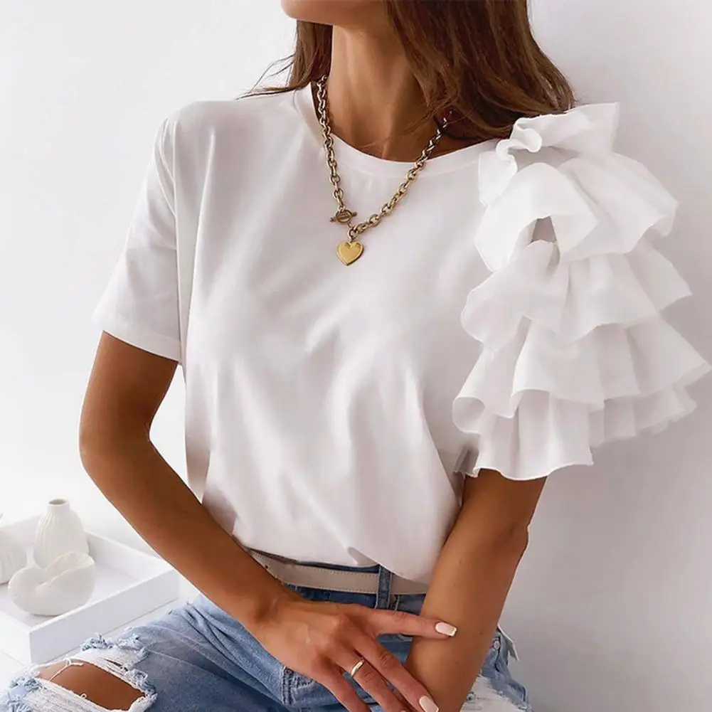 Short Sleeve Top Stylish Women's Summer T-shirt with Asymmetrical Ruffles Short Sleeve Round Neck Solid Color Tee for Streetwear