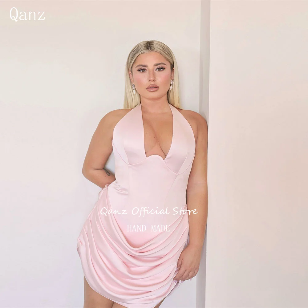 

Qanz Vintage Satin Prom Dresses Pink Mini Elegant Dresses for Special Event Halter Neck Pleat Short Party Dresses Customized