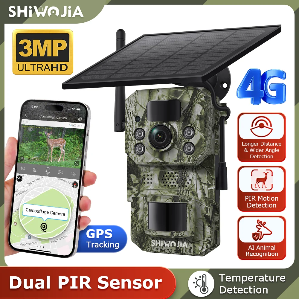 SHIWOJIA 3MP 4G SIM Solar Trail Camera with GPS Outdoor Dual PIR Sensor Night Vision Hunting Camera for Wildlife Monitoring CAM