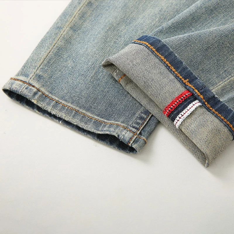 European Fashion Vintage Men Jeans High Quality Retro Blue Elastic Slim Fit Plain Washed Jeans Men Designer Denim Pants Hombre