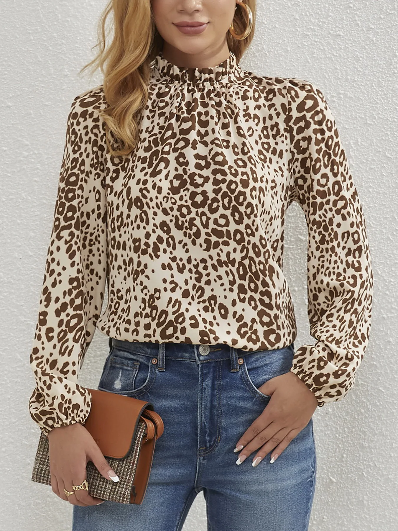 Women Leopard Print Frill Mock Neck Lantern Sleeve Blouse Ladies Long Sleeve Tops Shirts