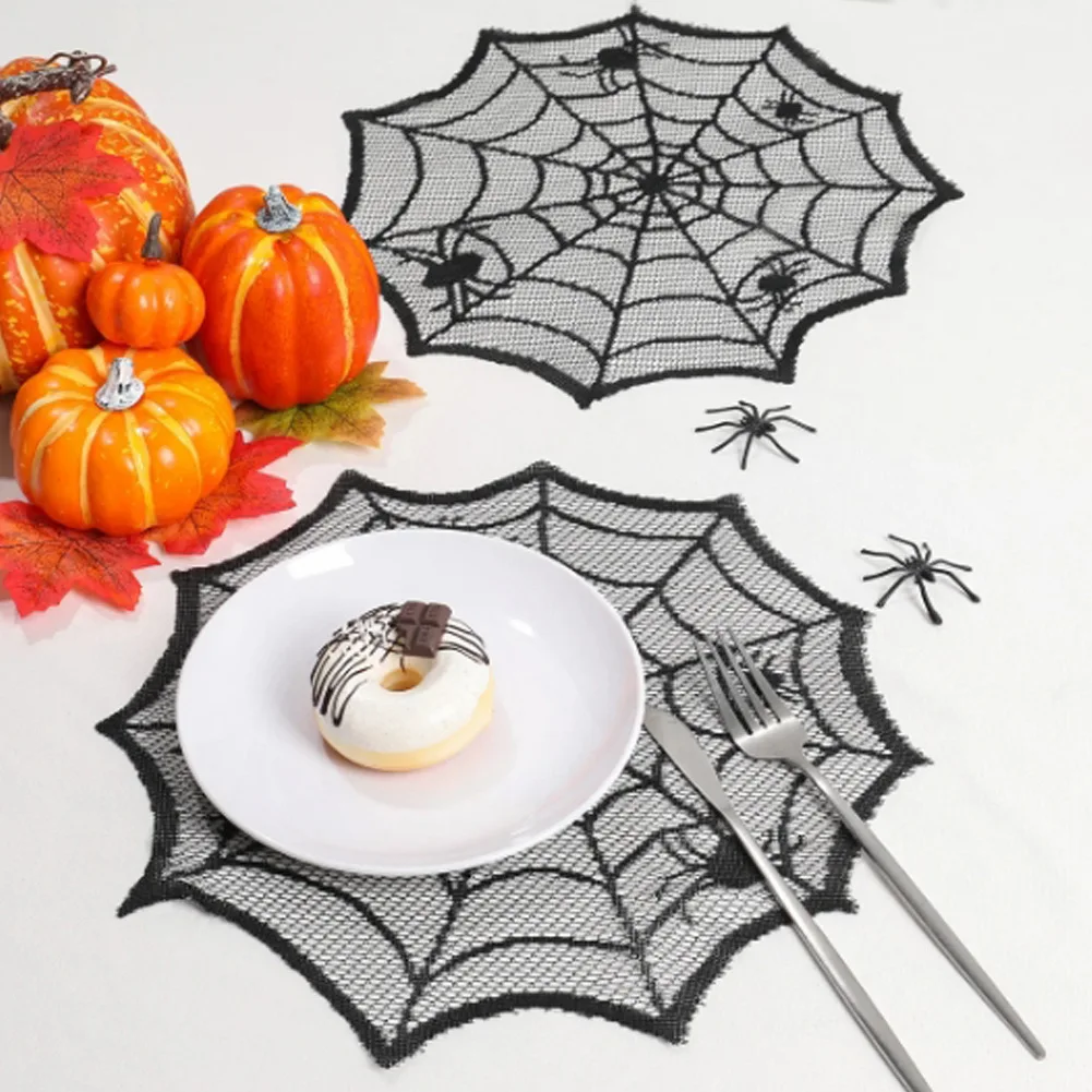 2/8pcs octagonal cobweb lace Halloween placemats, suitable for dinner round tables, dessert tables, and scary parties