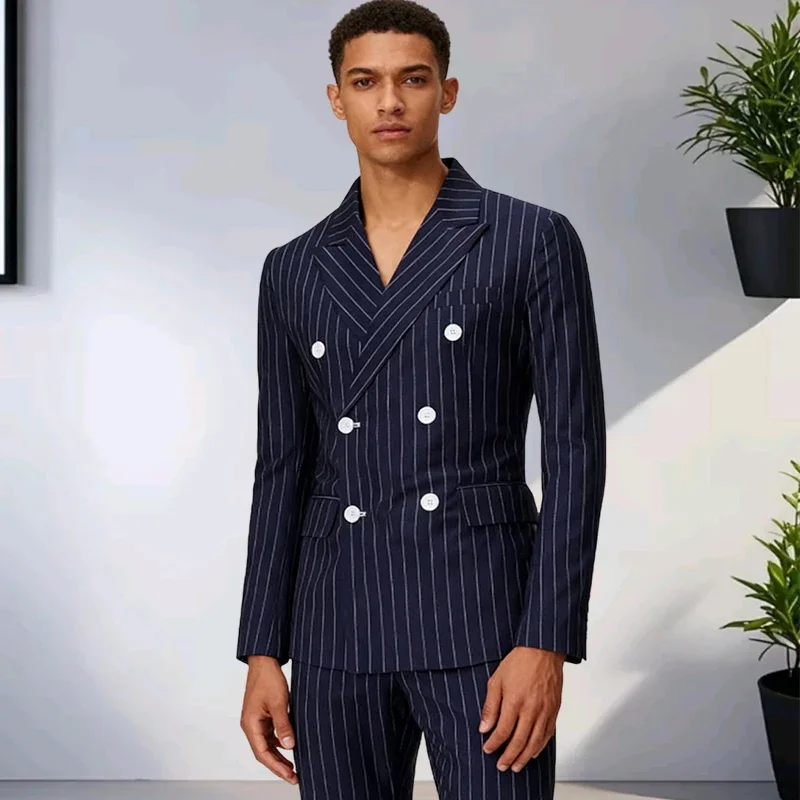 

Мужской классический костюм темно-синего цвета в полоску, двубортный, для офиса, бизнеса, свадьбы, приталенный крой