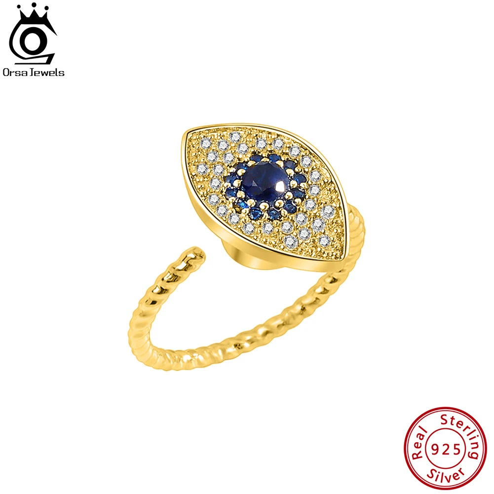 

ORSA JEWELS 925 Sterling Silver Demon Eye Blue Zircon Rings for Women 18K Gold Rotable Open Anxiety Rings Fashion Jewelry SR290