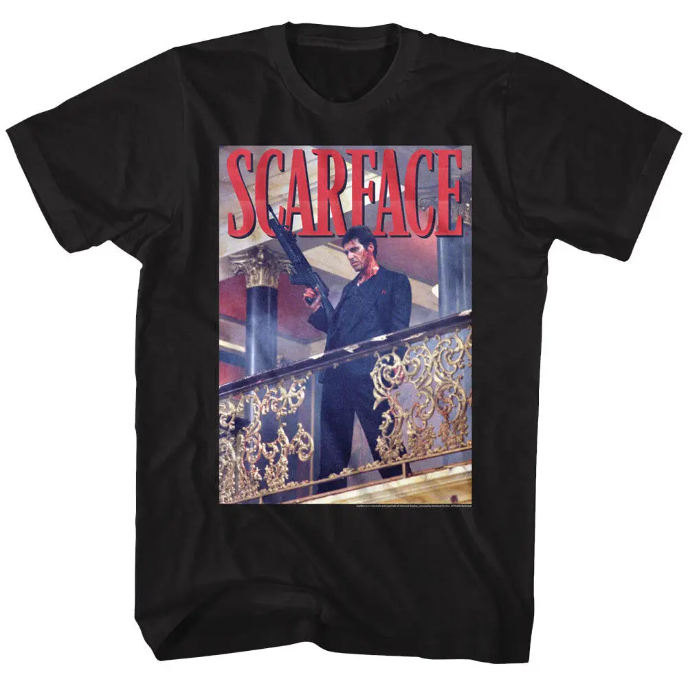 MENS OFFICIAL Scarface Movie PACINO T-SHIRT RAILING SHOT BLACK Cotton SM - 5XL