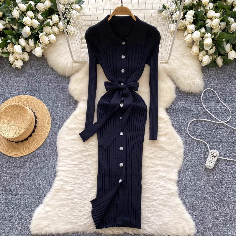 فساتين نسائية من REALEFT لفصل الخريف والشتاء مع حزام جديد عالي الخصر وأكمام طويلة وياقة بولو واحدة الصدر فستان تريكو