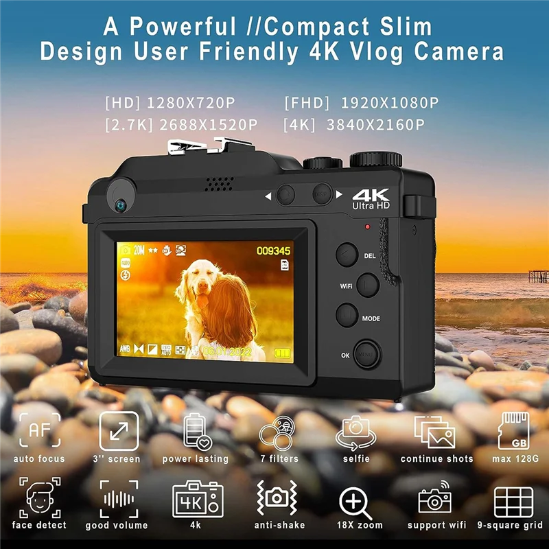 

3In IPS Screen Digital Camera 4K Vlog Camera For Photography, Dual Cam Front And Rear Camera With Autofocus Face Detect