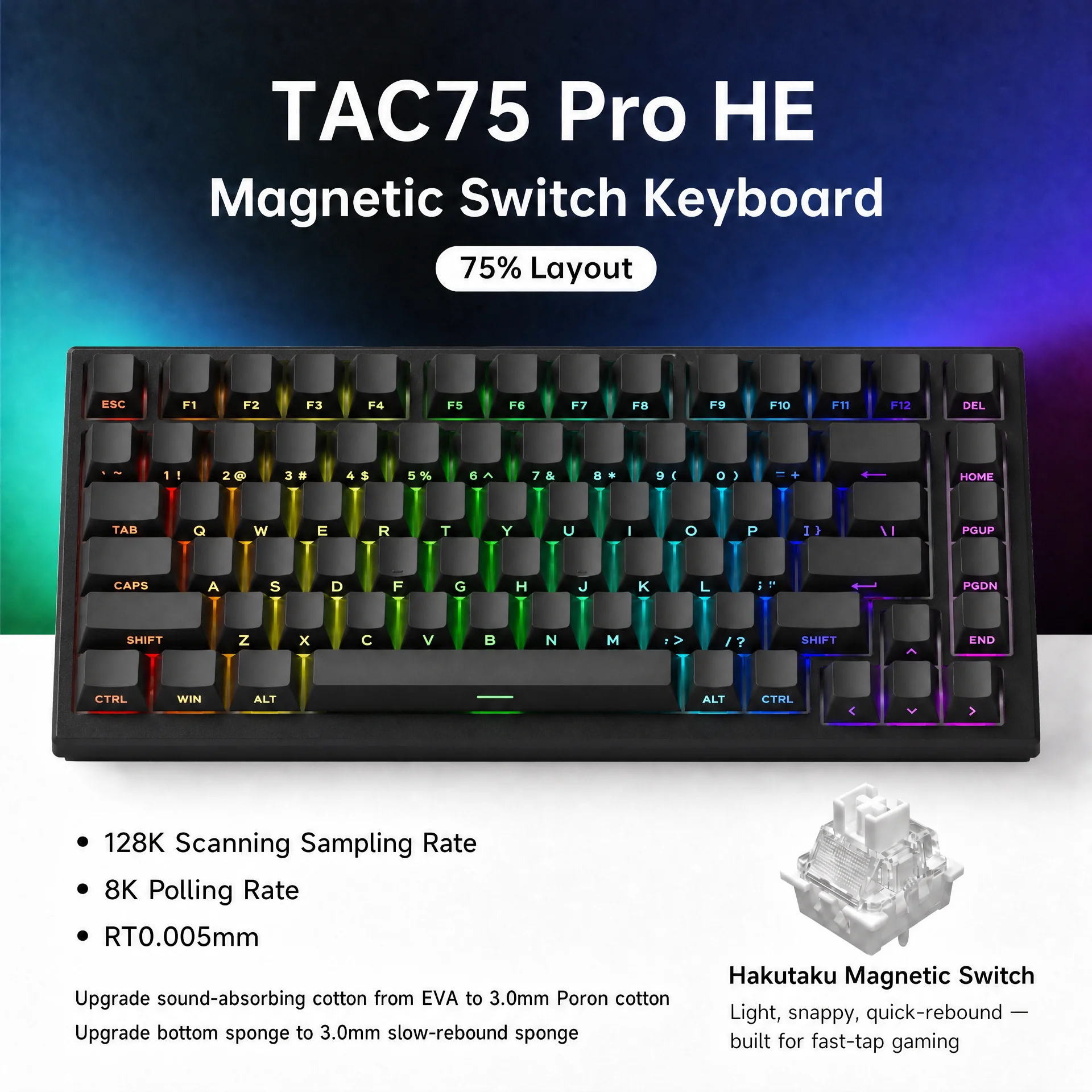 AKKO TAC75 HE Magnetschalter-Tastatur 75 % Gaming-Tastaturen Rapid Trigger 0,005 mm 8K RGB Wired Esports Custom Keyboard für Gamer