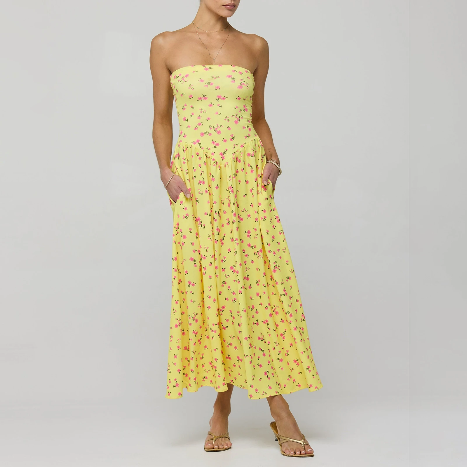 Vestido maxi floral sem alças feminino, top de tubo, flowy, férias de verão, vestido longo boho com bolsos, Y2K