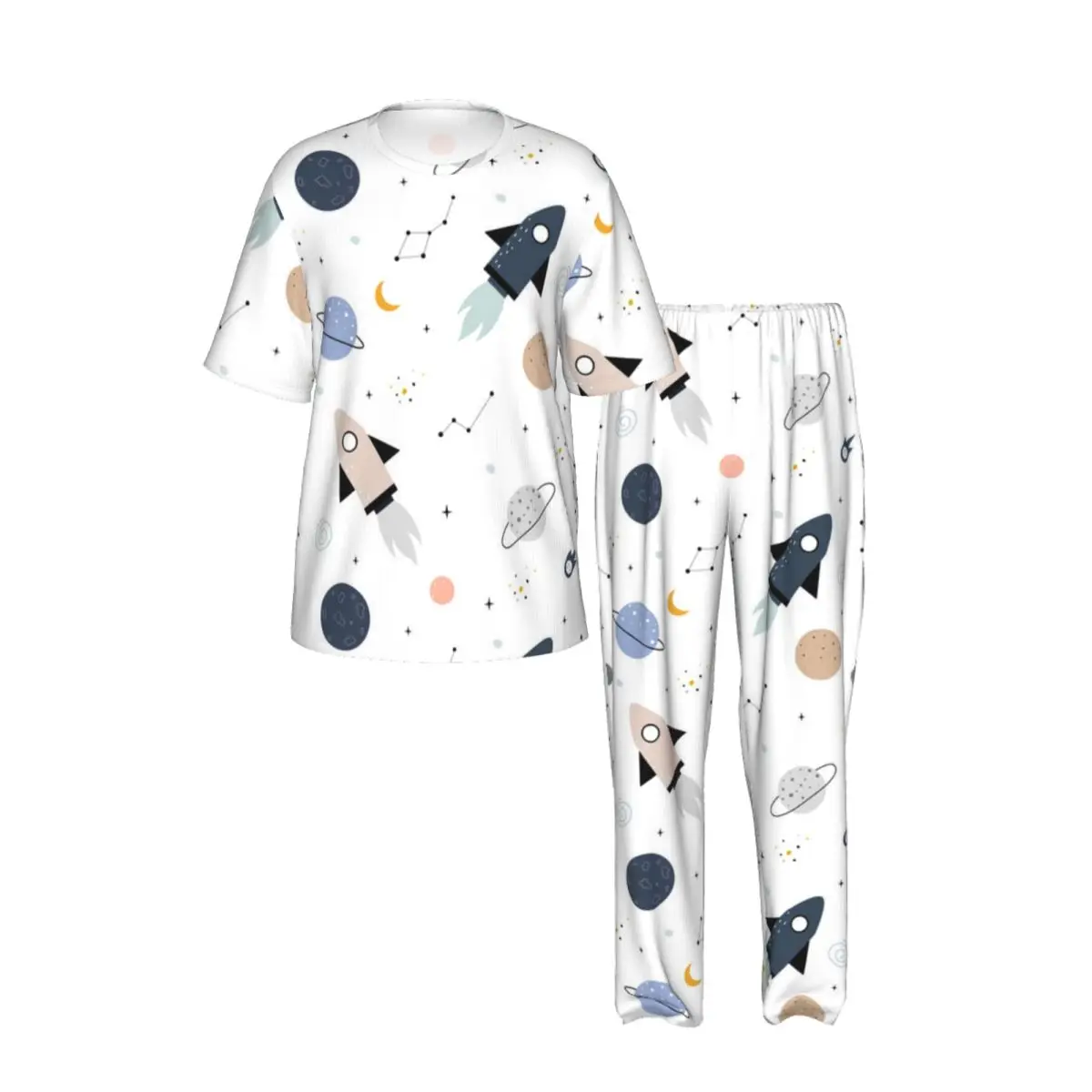 Sleepwear Summer Spring Home Clothes Space Stars Rockets Cartoon Pattern Short Sleeve Long Pant Nightwear