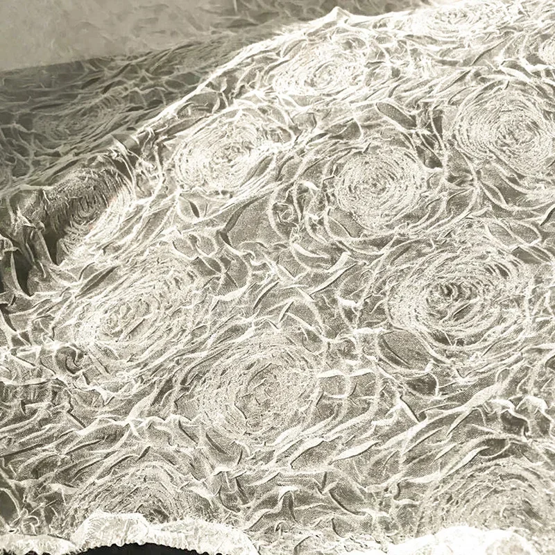 

White 3D Rose Embossed Pleated Fabric Gauze See-Through Lace Chiffon Wedding Dress Skirt Designer Crepe Yarn Fabric