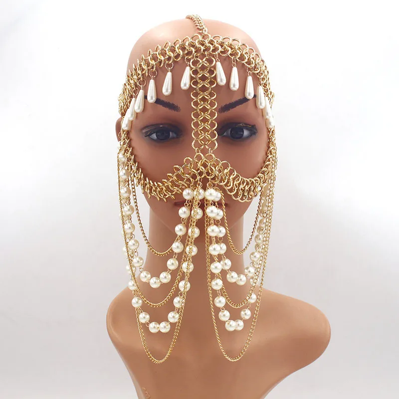 Ornament European and American Exaggerated Chain Women's Water Drop Pearl Handmade Tassel Headdress