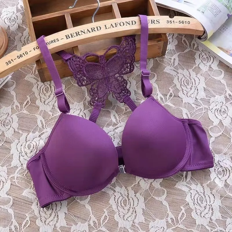 1 Piece Lace Stitching Bra Panties Front Buckle Push Up Bra Scallop Trim Panties Lingerie Set, Women\'s Lingerie Underwear