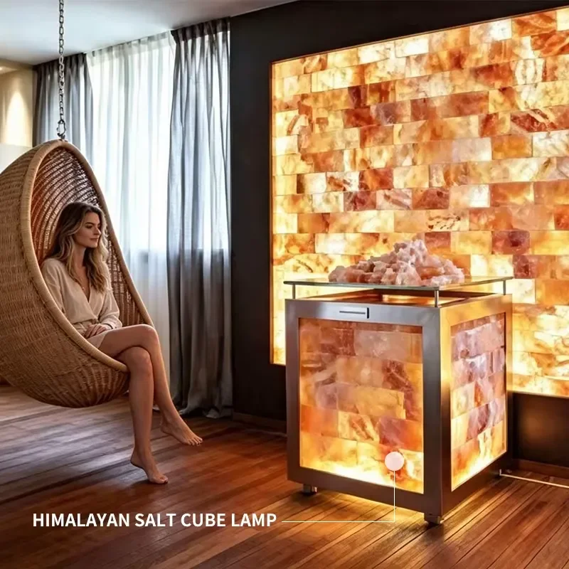 Himalayan Pink Salt Cube Lamp Natural Rectangle Salt Brick Lamp For Sauna Salt Cave Spa Wellness Center