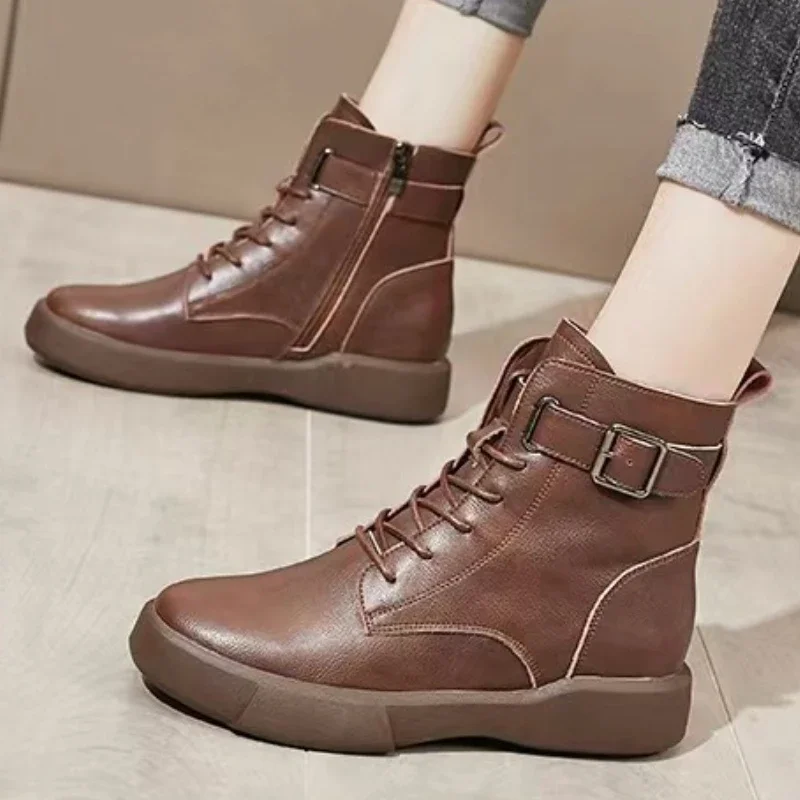 Female Lace Up Short Boots British Style Round Head Thick Bottom Shoes Belt Buckle Side Zip Leather Boots Botas Para Mujeres