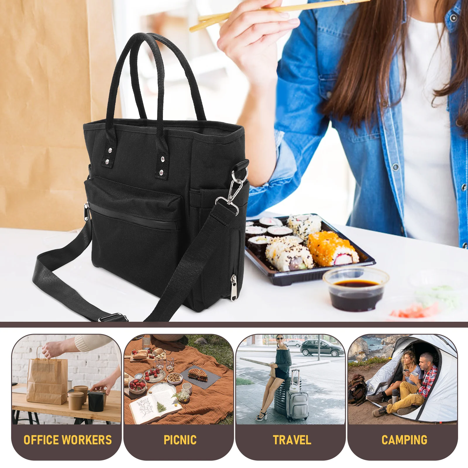 

Portable Insulated Bento Bag Premium Oxford Cloth Material Sturdy Zipper Lunch Container Black For School Work