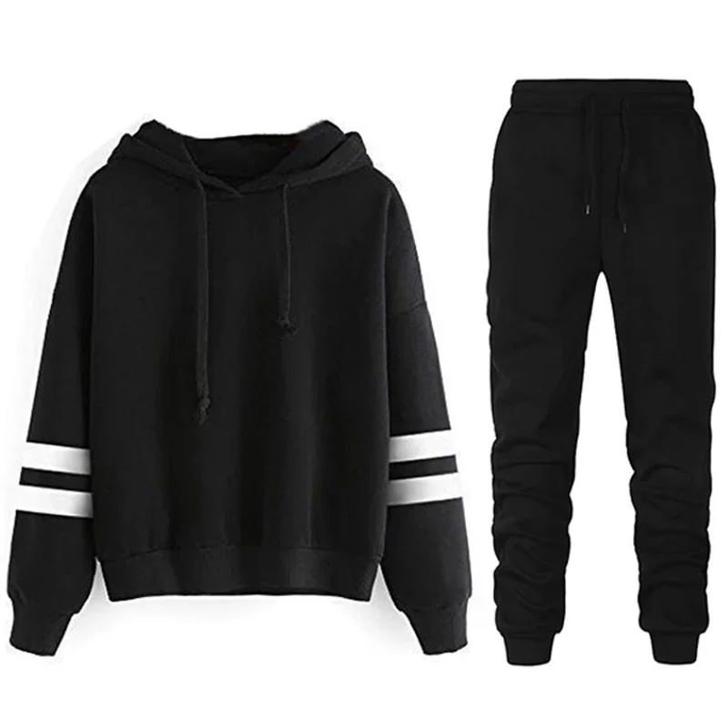 Womens Outfits Casual Hooded Stripe Sweatshirt Black Sweatpants Loose Comfortable Daily Jogging High Quality Tracksuit S-3XL