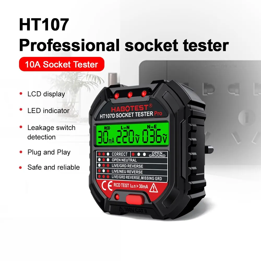 HABOTEST HT107 Socket Tester Pro Voltage Test RCD 30mA Socket Detector UK EU Plug Ground Zero Line Plug Polarity Phase Check