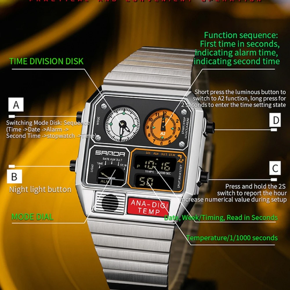 

SANDA 3192, новый модный будильник с двойным дисплеем, электронные часы, спортивные водонепроницаемые стальные полоски, термометр, электронные часы