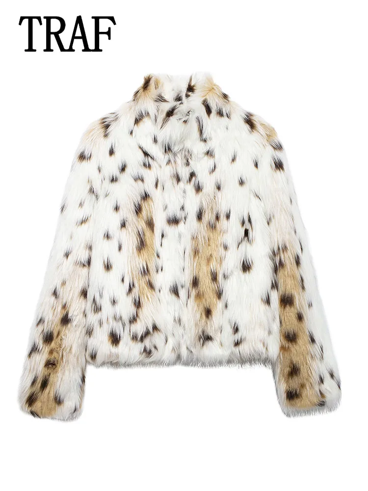 TRAF Women Fur Jacket Warm Coat New Autumn Winter Woman Animal Print Jacket Fashion Long Sleeve Casual New Outerwear