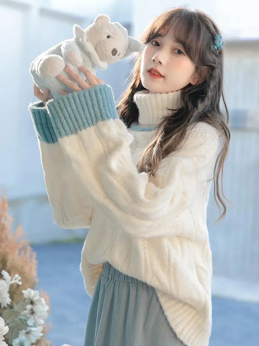 

Thiened Fce High Collar Knitted Sweater Women's Autumn Winter Loose Fit Warm Vintage Sle Long Sve Top