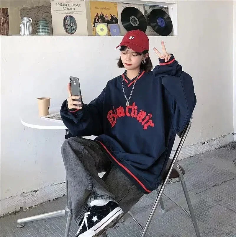 2021 Winter Hip Hop V-neck Letter Print oversized Hoodies women Fashion All-match oversized sweatshirt Men