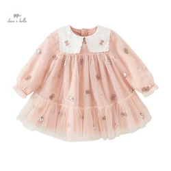 Dave Bella Mesh Princess Dress Girls Baby Children 2024 New Autumn Sweet Charm Cute Pink Fashion abito a maniche lunghe DB3241578