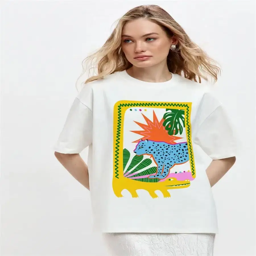 Leopard Crocodile Hand Drawn Art Print White High Quality 100% Cotton Streetwear T-shirts Women's Clothing Short Sleeve Tees Top