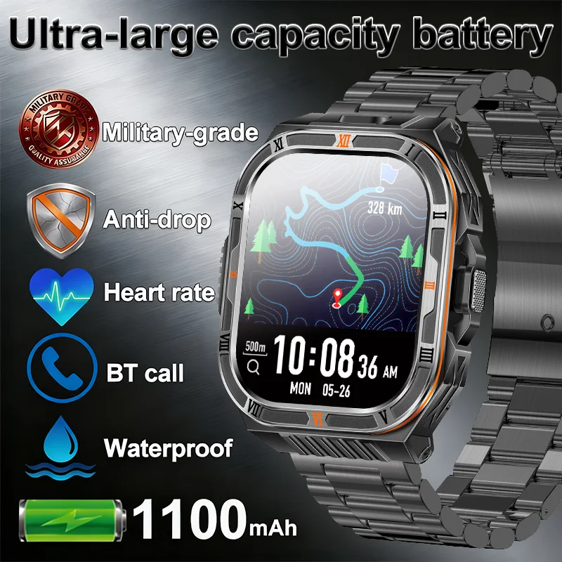 

Мужские военные умные часы 1100 мАч с большим 2,01-дюймовым дисплеем, компасом, спортивные часы, водонепроницаемость 3ATM, Bluetooth-звонки, умные часы для активного отдыха