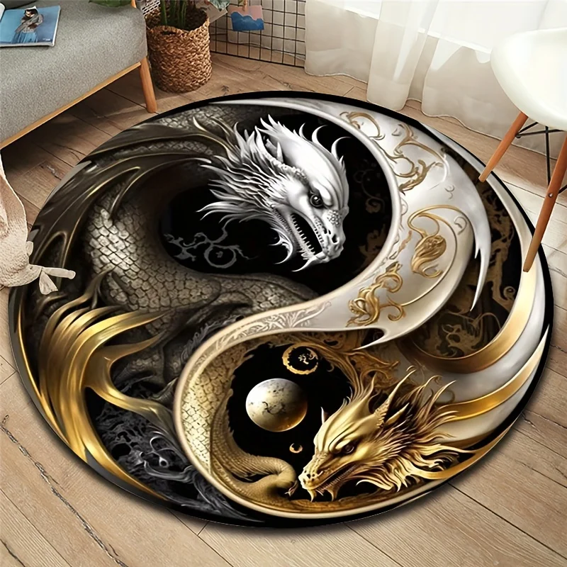 Diversified Style Round Rug Globe Dragon Yin Yang Disco Abstract Pattern Circular Mat Fashion Decor Floor Mat Entryway Decor
