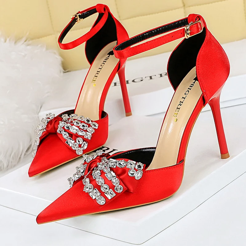 Summer Women\'s High Heels 10 Cm Rhinestone Bow Women Pumps Hollow Out Women\'s Sandals Silk Satin Stilettos Luxury Ladies Shoes