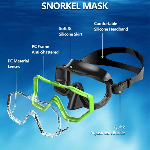 Imagen 2 del producto Máscara de snorkel para niños, 3 ventanas, vista panorámica amplia, HD, tres lentes, ajustable, snorkel, natación, buceo para niños y jóvenes