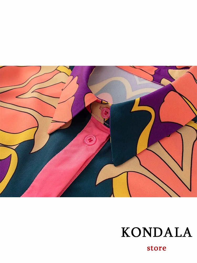 KONDALA Vintage Print Elegant Women\'s Suit 2022 Fashion New Elastic Waist Straight 2 Piece set Suit Casual Chic Youth Vacation