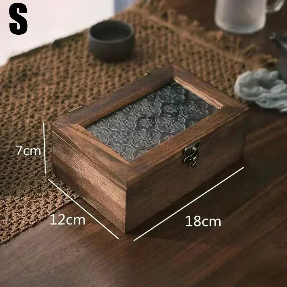 Haitang Flower Glass Storage Box Vintage Solid Wood Storage Cabinet Desktop Sorting Flipping Wooden-BOX Makeup Table-Decoration